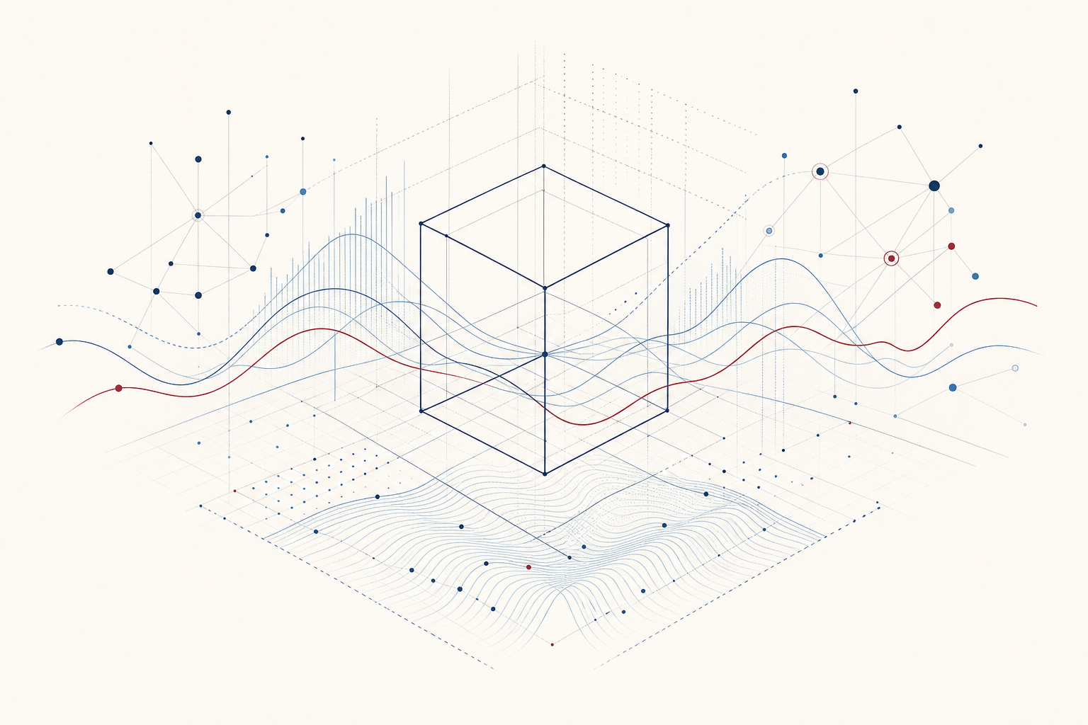 Wireframe cube surrounded by economic curves and network nodes
