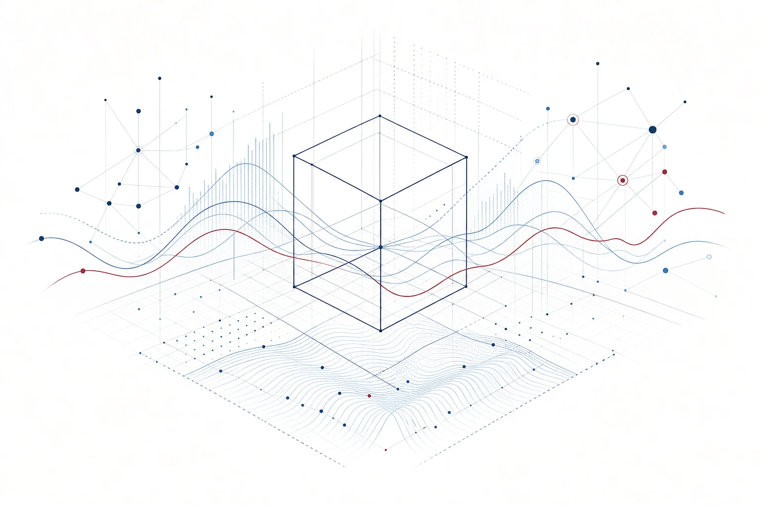 Wireframe cube surrounded by economic curves and network nodes